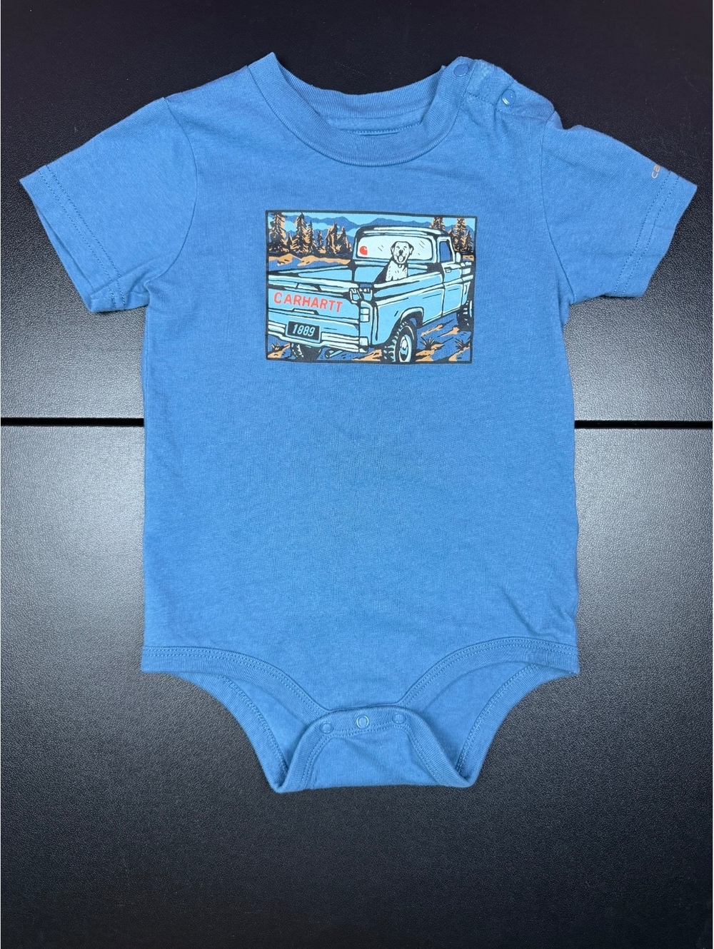 Carhartt Baby Bodysuit 18M Blue Pickup Truck Dog Graphic Short Sleeve Outdoors